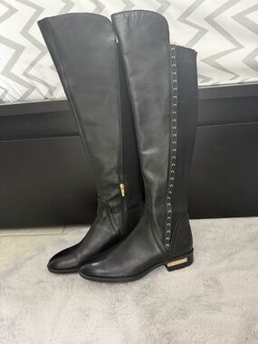Vince Camuto Black Over-the-Knee Boots with Gold Stud and Heel Accent